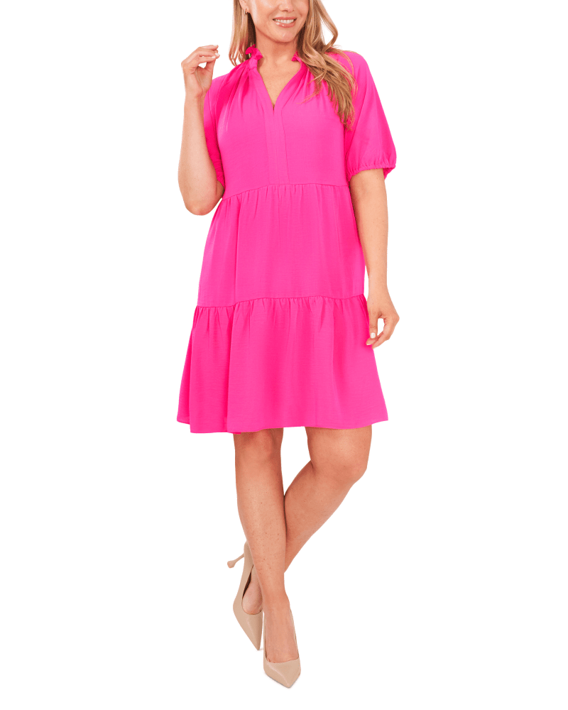 Front of a model wearing a size 1X Odette Tiered Dress in BRIGHT ROSE by CeCe. | dia_product_style_image_id:263465